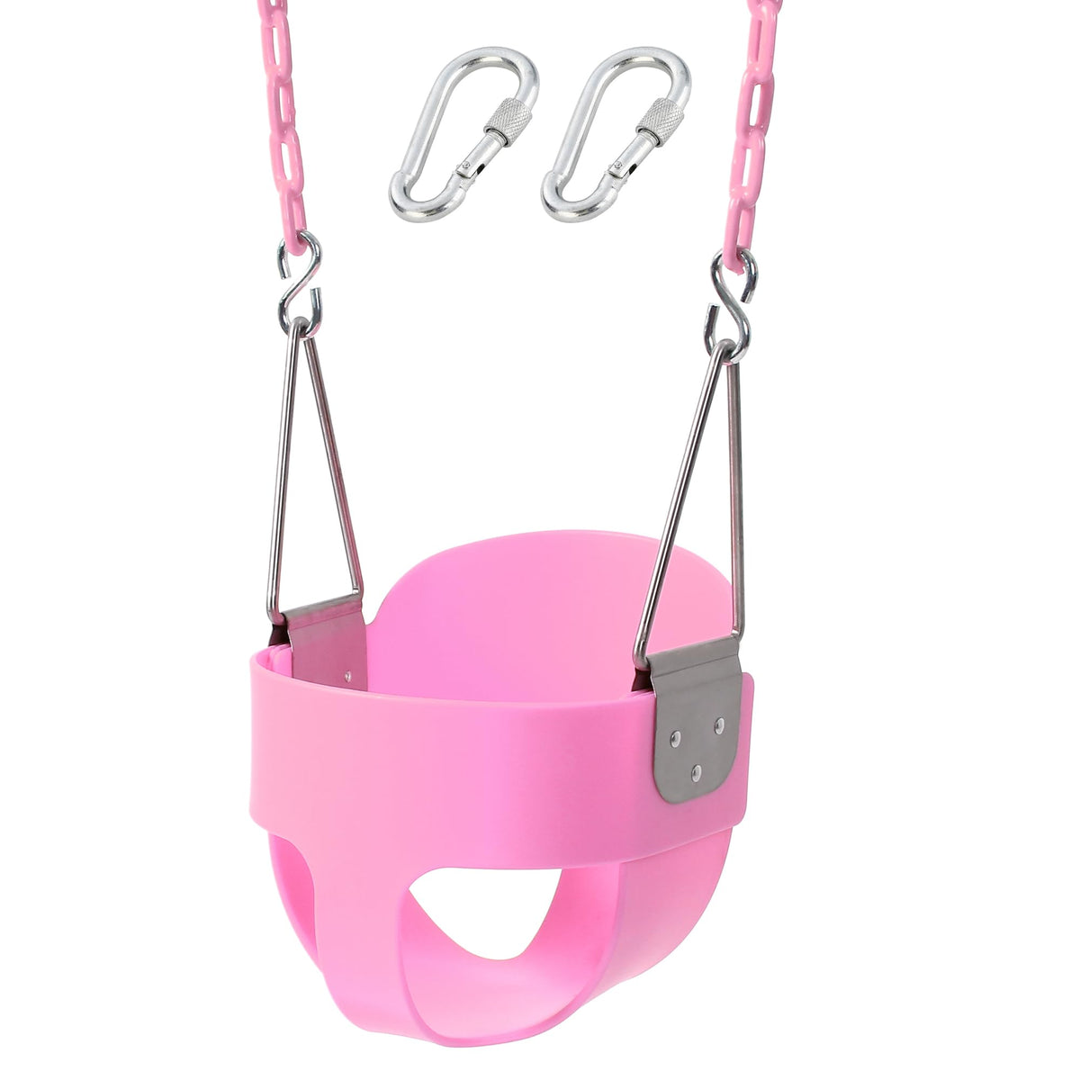 Take Me Away pink swing seat front view with high-back support for secure toddlers.