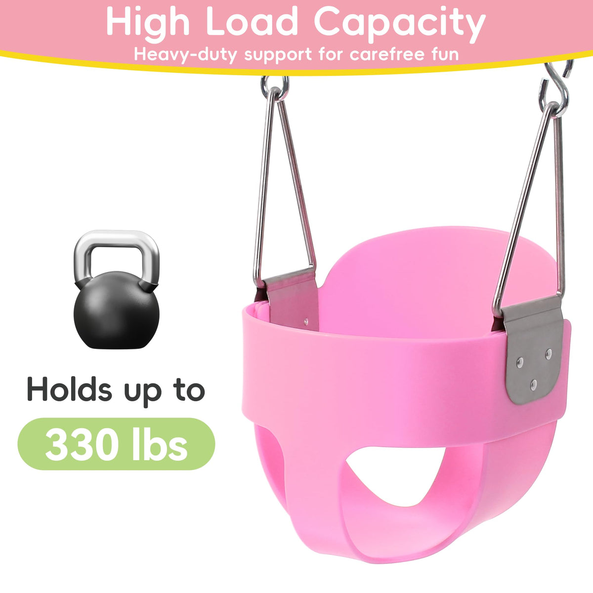 Take Me Away pink swing seat on playground set demonstrates versatile outdoor setup.