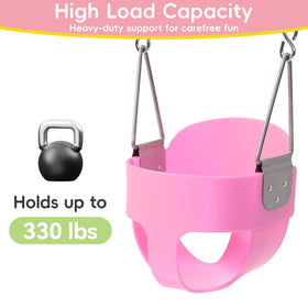 Take Me Away pink swing seat on playground set demonstrates versatile outdoor setup.