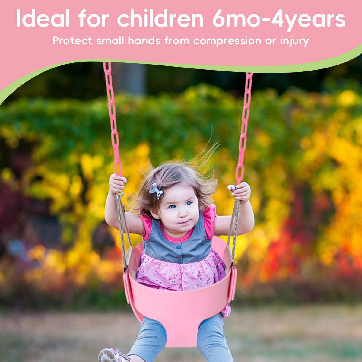 Take Me Away pink swing seat safety features with locks and reinforced seams for stability.