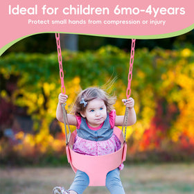 Take Me Away pink swing seat safety features with locks and reinforced seams for stability.