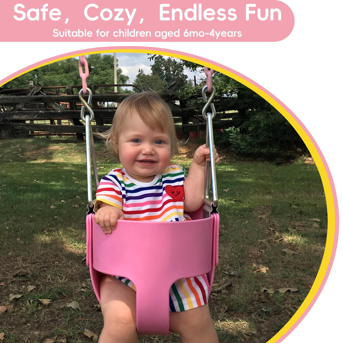 Take Me Away pink swing seat weather durability highlighting UV-stabilized plastic and stainless hardware.
