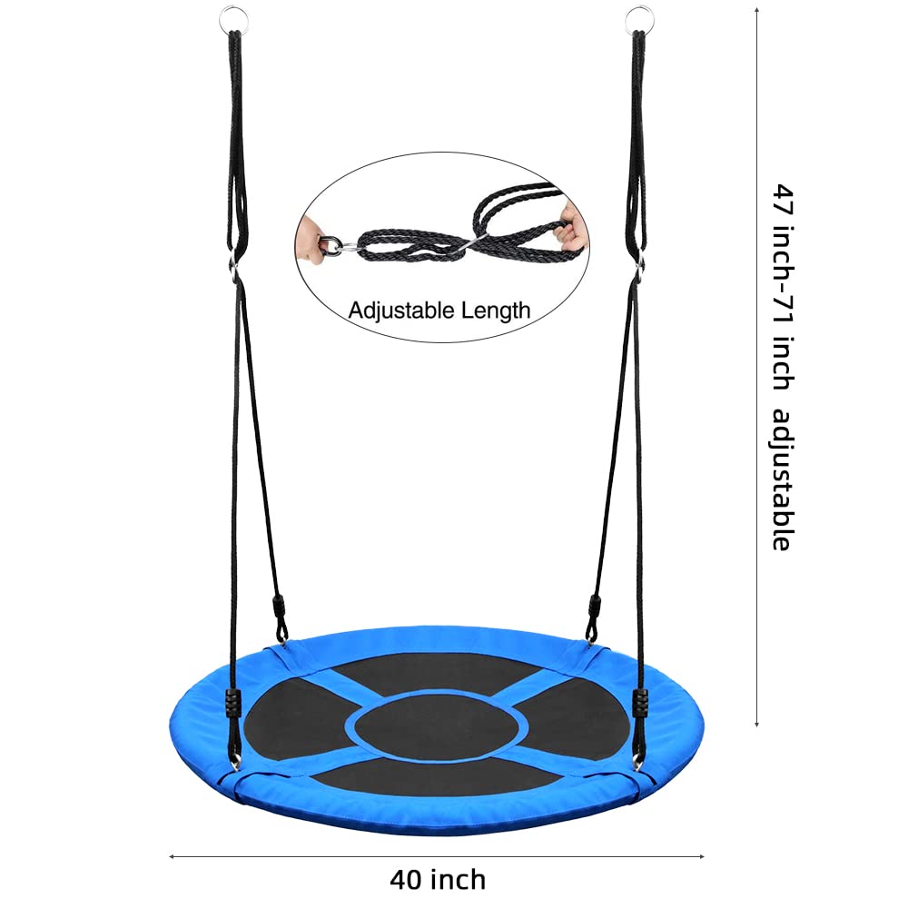 Take Me Away saucer swing blue rope system showing adjustable height feature