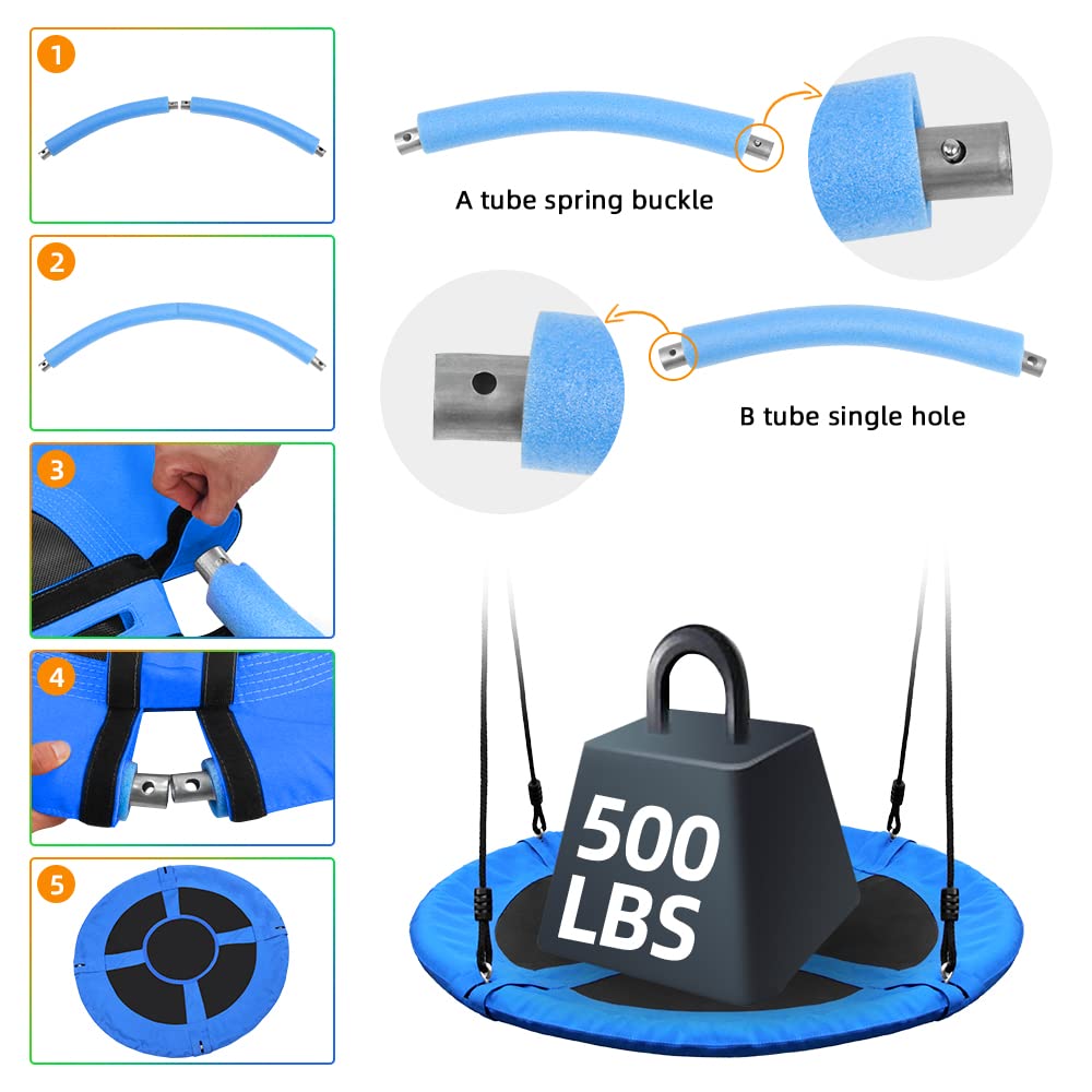 Children enjoy Take Me Away saucer tree swing blue ropes in outdoor play