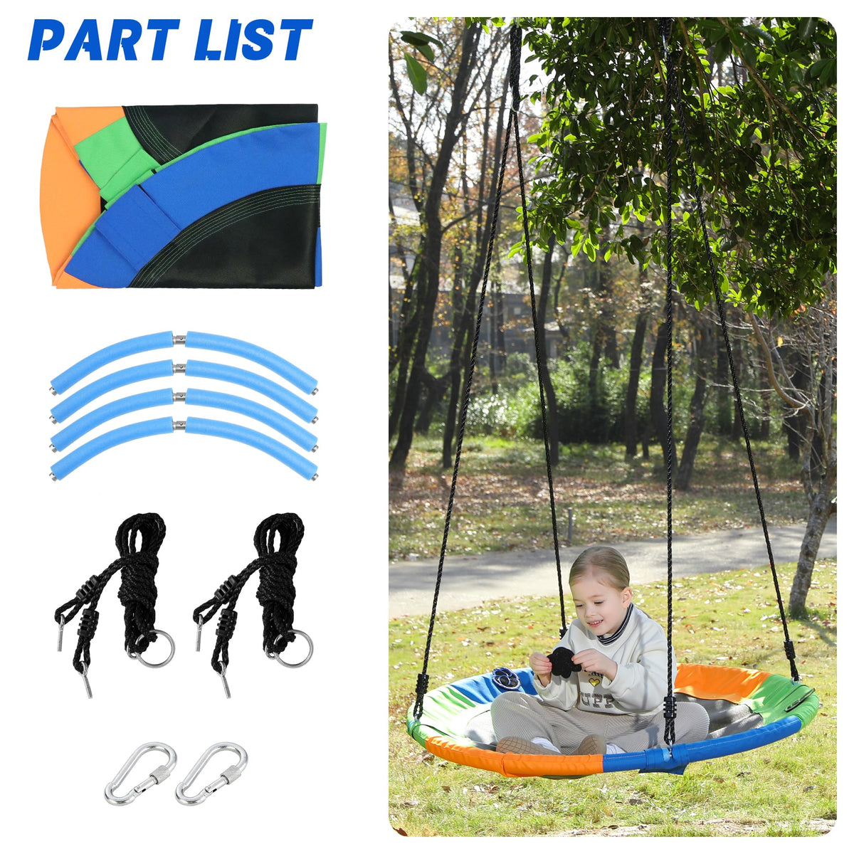 Take Me Away saucer tree swing seat for kids, padded tubes enhance child comfort and safety