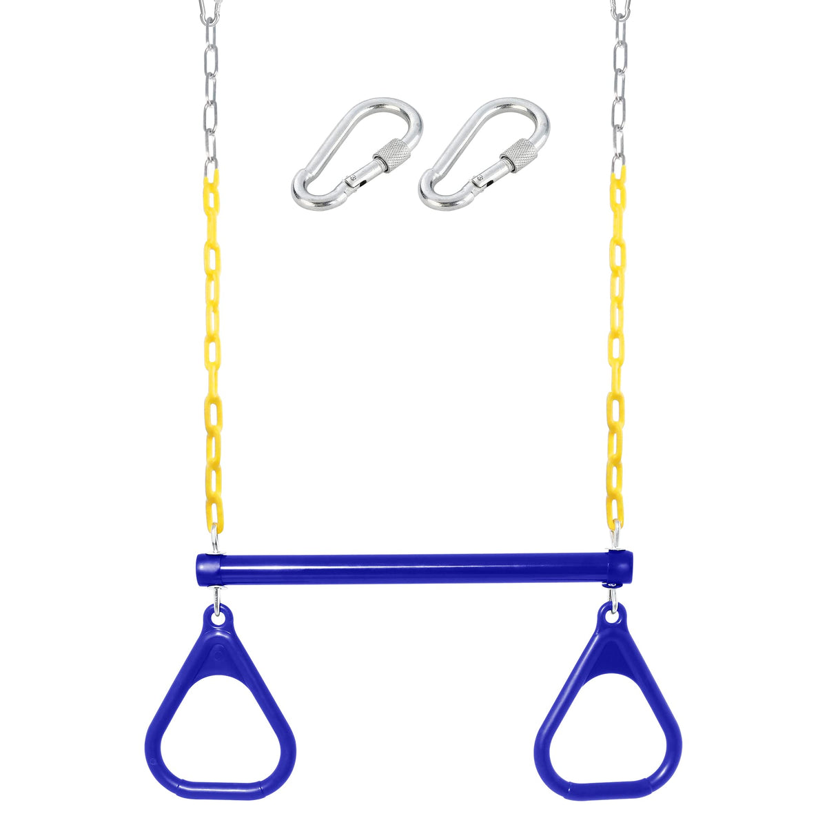 Take Me Away trapeze bar with rings and 48-inch chains for easy backyard setup.
