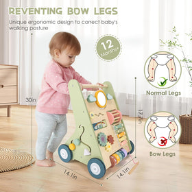 Takeeyce wooden walker showing rotary gears for fine motor play