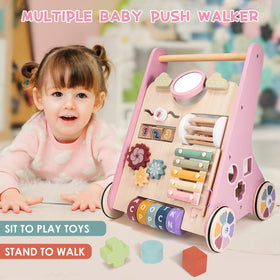 Takeeyce wooden baby walker with adjustable speed helps gentle progression.