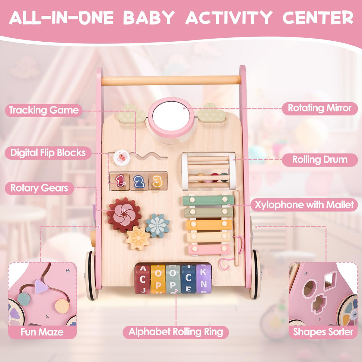 Takeeyce Montessori-inspired walker features mirror, xylophone, and maze for engagement.