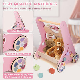 Takeeyce wooden walker with storage space keeps toys and snacks handy.