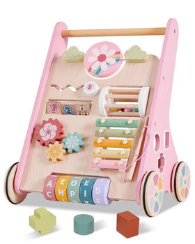 Takeeyce wooden baby walker with wheels supports stable, confident first steps.