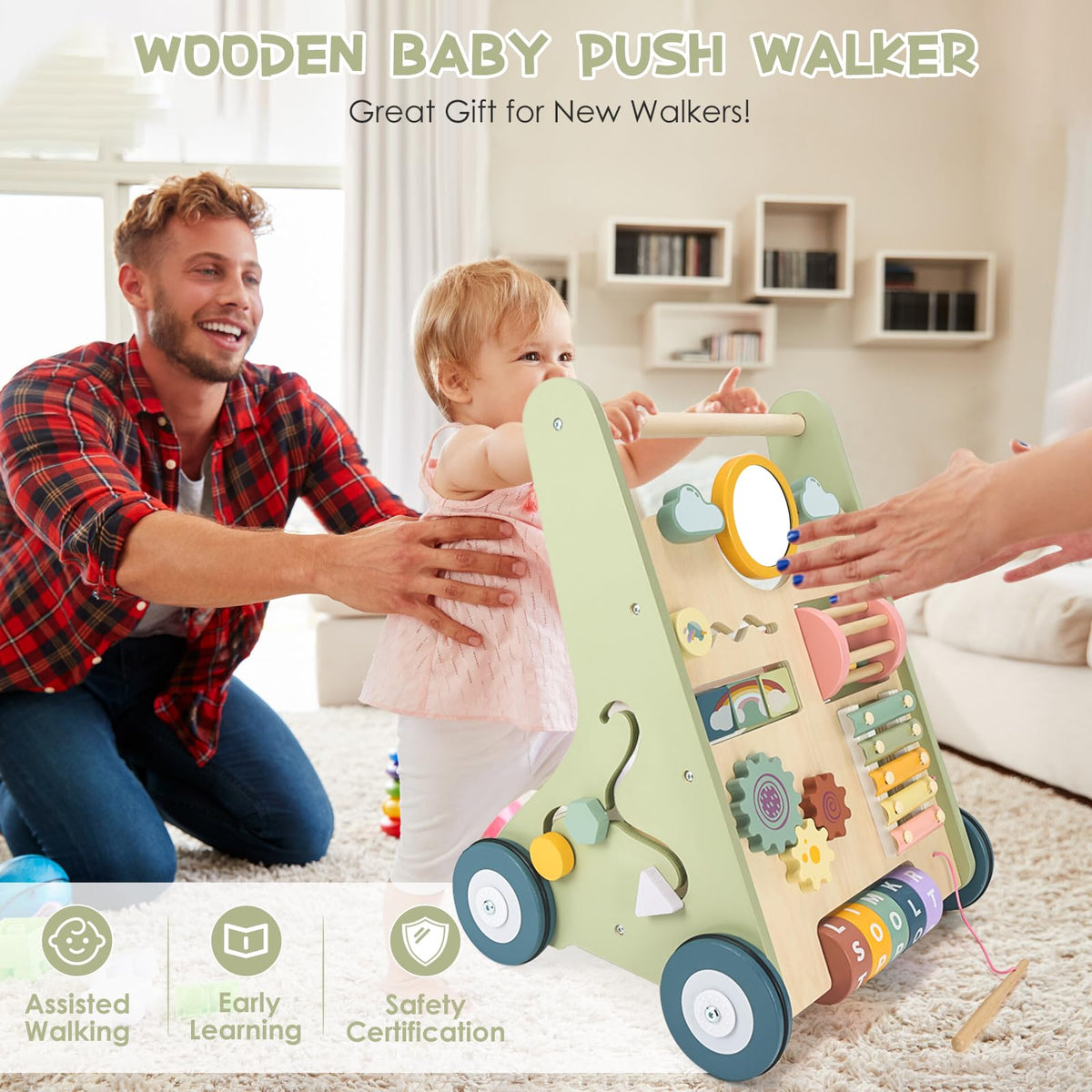 Takeeyce wooden walker back storage compartment for toys or snacks