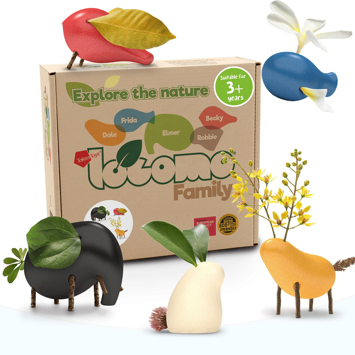 Taksa Toys Locomo Family 1 wooden animals set for open-ended outdoor play and learning.