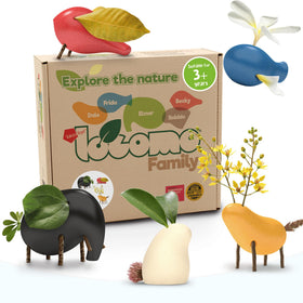 Taksa Toys Locomo Family 1 wooden animals set for open-ended outdoor play and learning.