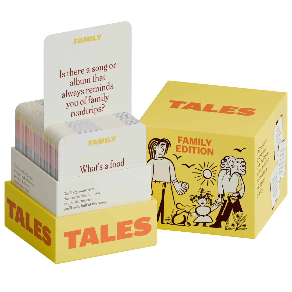 TALES Family Edition 150-card deck on table encouraging family storytelling.