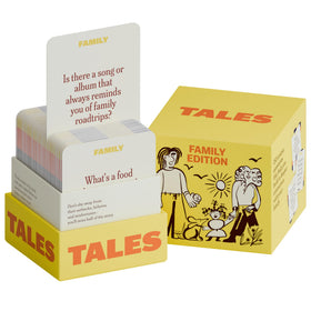TALES Family Edition 150-card deck on table encouraging family storytelling.