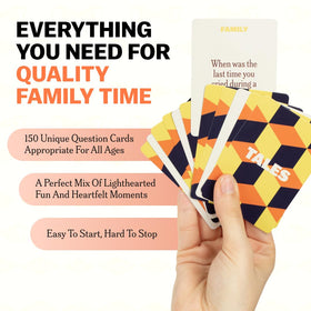 TALES prompt cards close-up showcasing colorful questions for meaningful conversations.