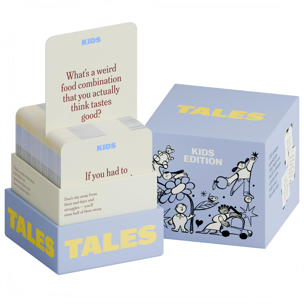 TALES Kids Edition deck cover, inviting family game nights and storytelling