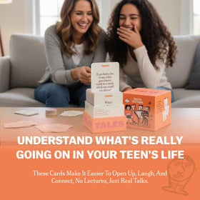 TALES Teens Edition cards closeup showing teen-focused prompts for meaningful talk