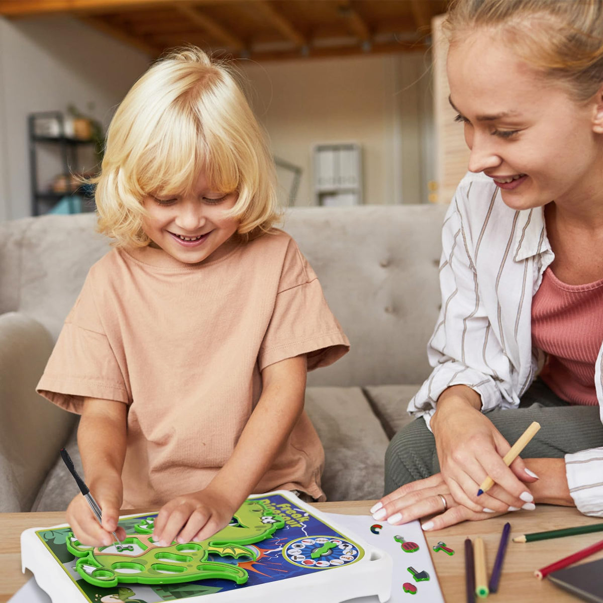 Family enjoying TALGIC Dinosaur Board Game during game night