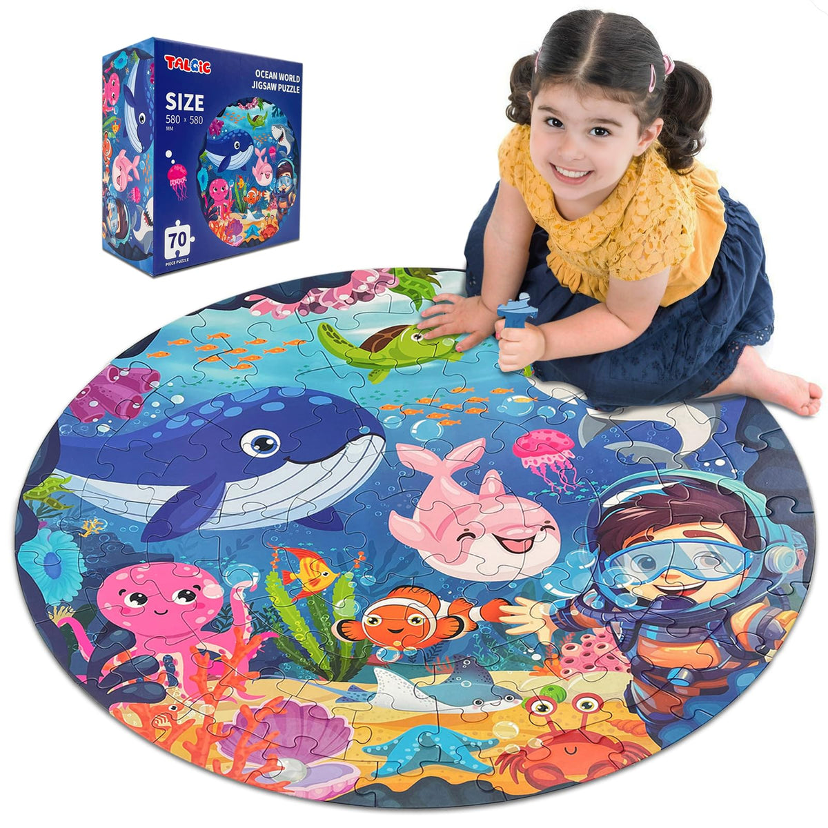 TALGIC ocean floor puzzle 70-piece round with bright underwater scenery for imaginative play