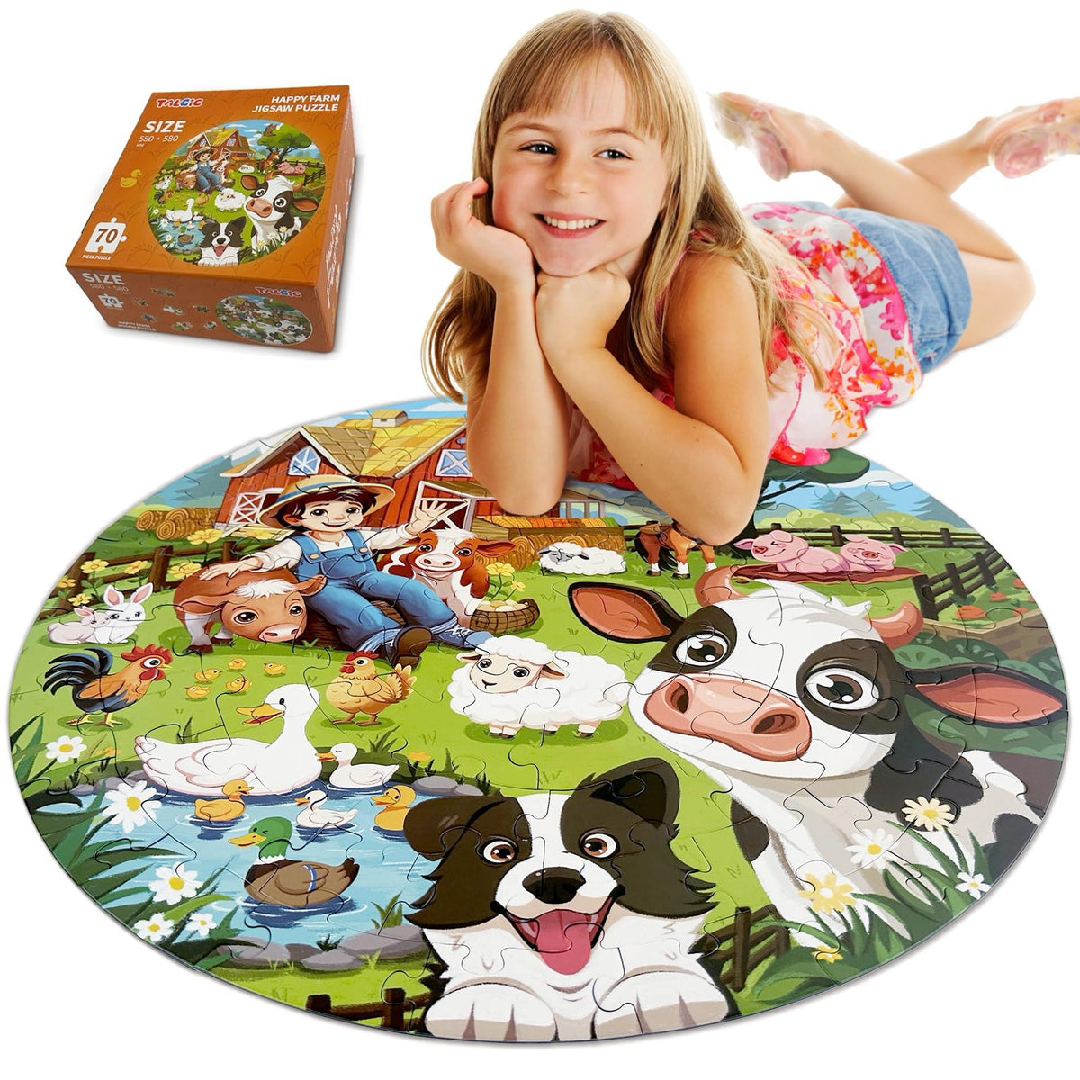 TALGIC 70-piece farm animals round puzzle stimulates concentration and imagination.