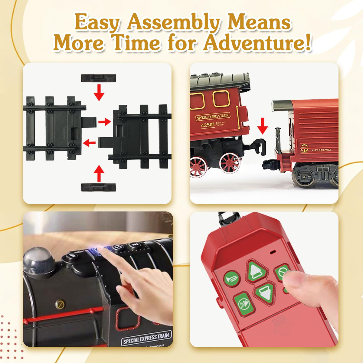 Steam-puff feature recreates authentic chimney release for sensory train adventures