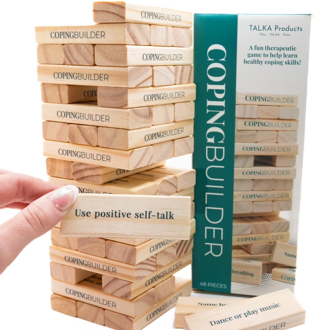 TALKA Coping Builder 48-block set with prompts for emotion regulation practice.