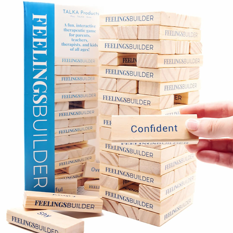 Talka Feelings Builder tower parts for stacking during therapy sessions to build emotional skills.