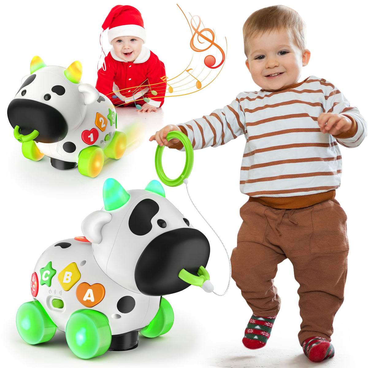 Talkfun cow toy with colorful lights and music for engaging baby play.