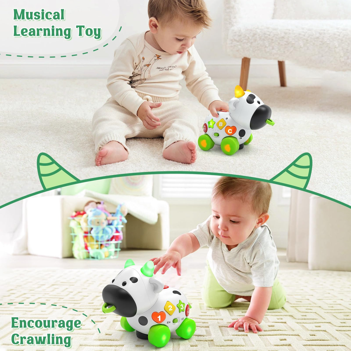 Talkfun pull-along cow toy encourages crawling and early walking.
