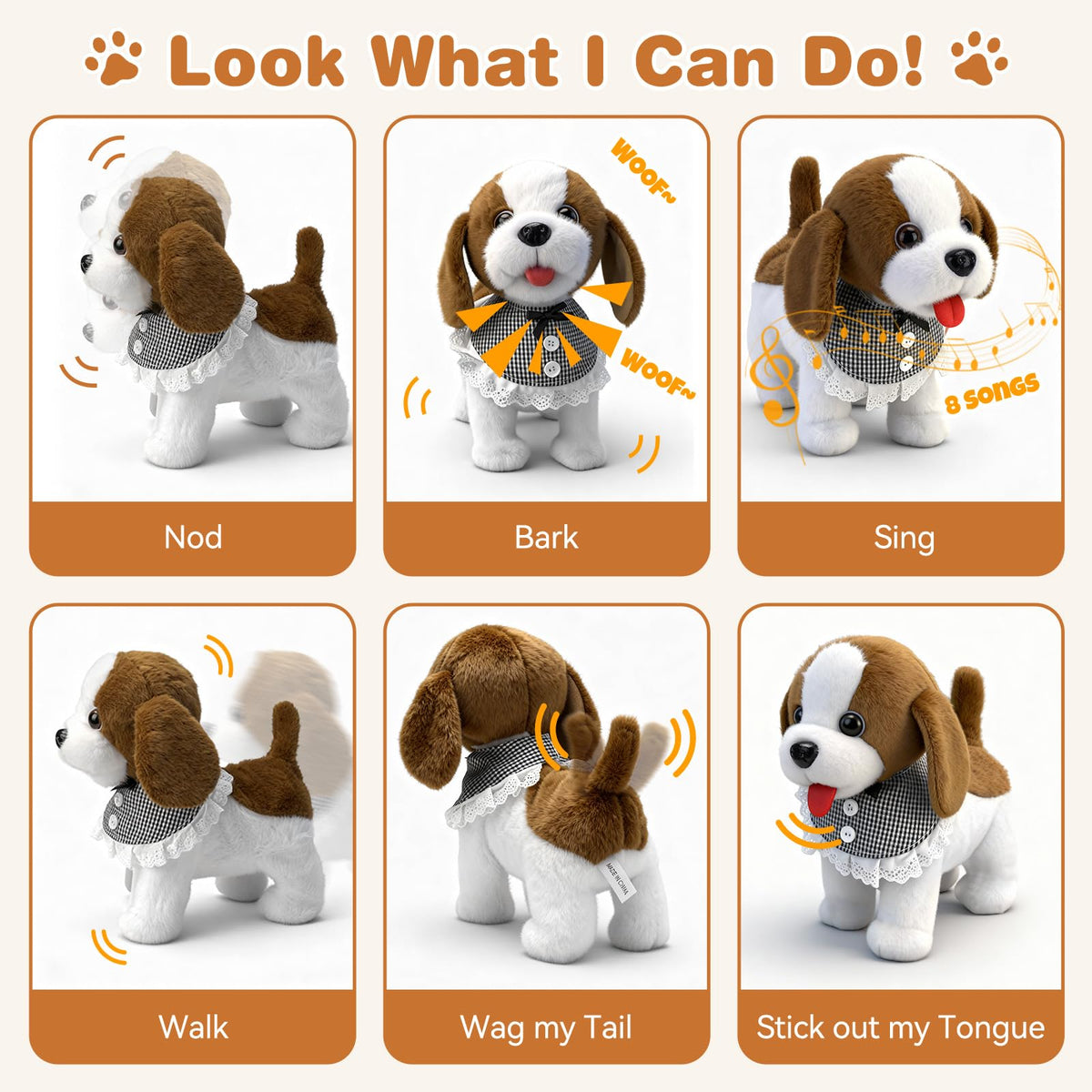 Talkfun plush puppy accessories set with bone, bowl, brush, and dryer.