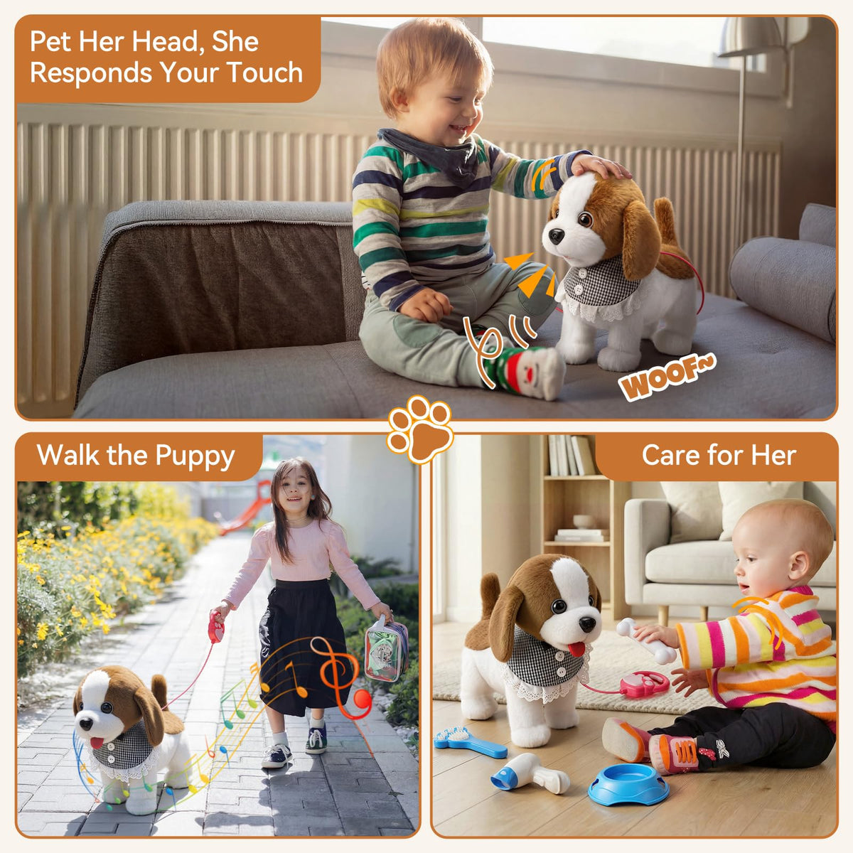 Talkfun plush puppy head-pat reaction promotes interactive pretend play.