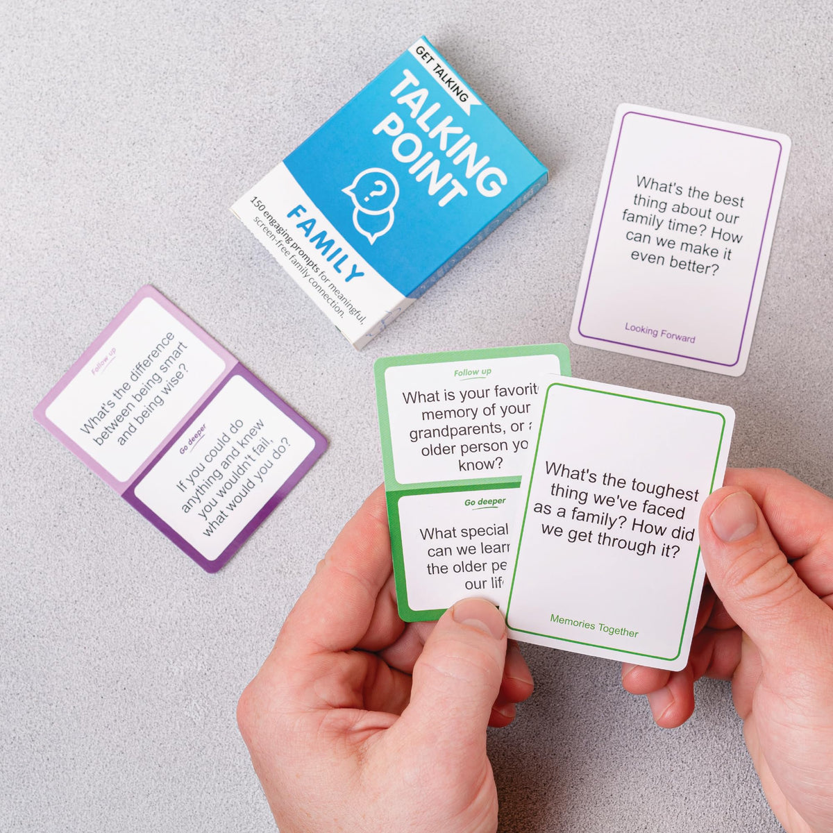 Talking Point Cards Family game-night spread invites thoughtful, lighthearted conversations.