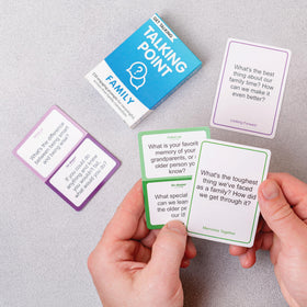 Talking Point Cards Family game-night spread invites thoughtful, lighthearted conversations.