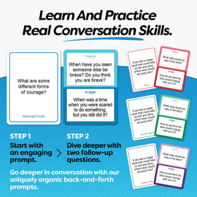 Talking Point Cards Family prompts in hand encourage meaningful conversations during meals.