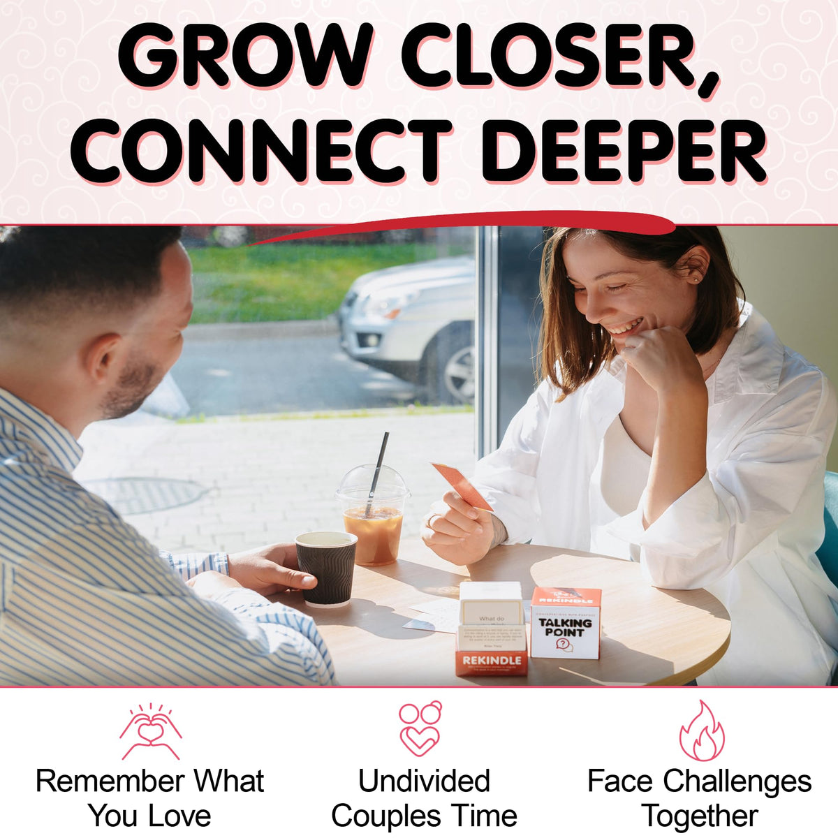 Talking Point Cards Rekindle Pack spread: prompts spark open, non-judgmental talks.