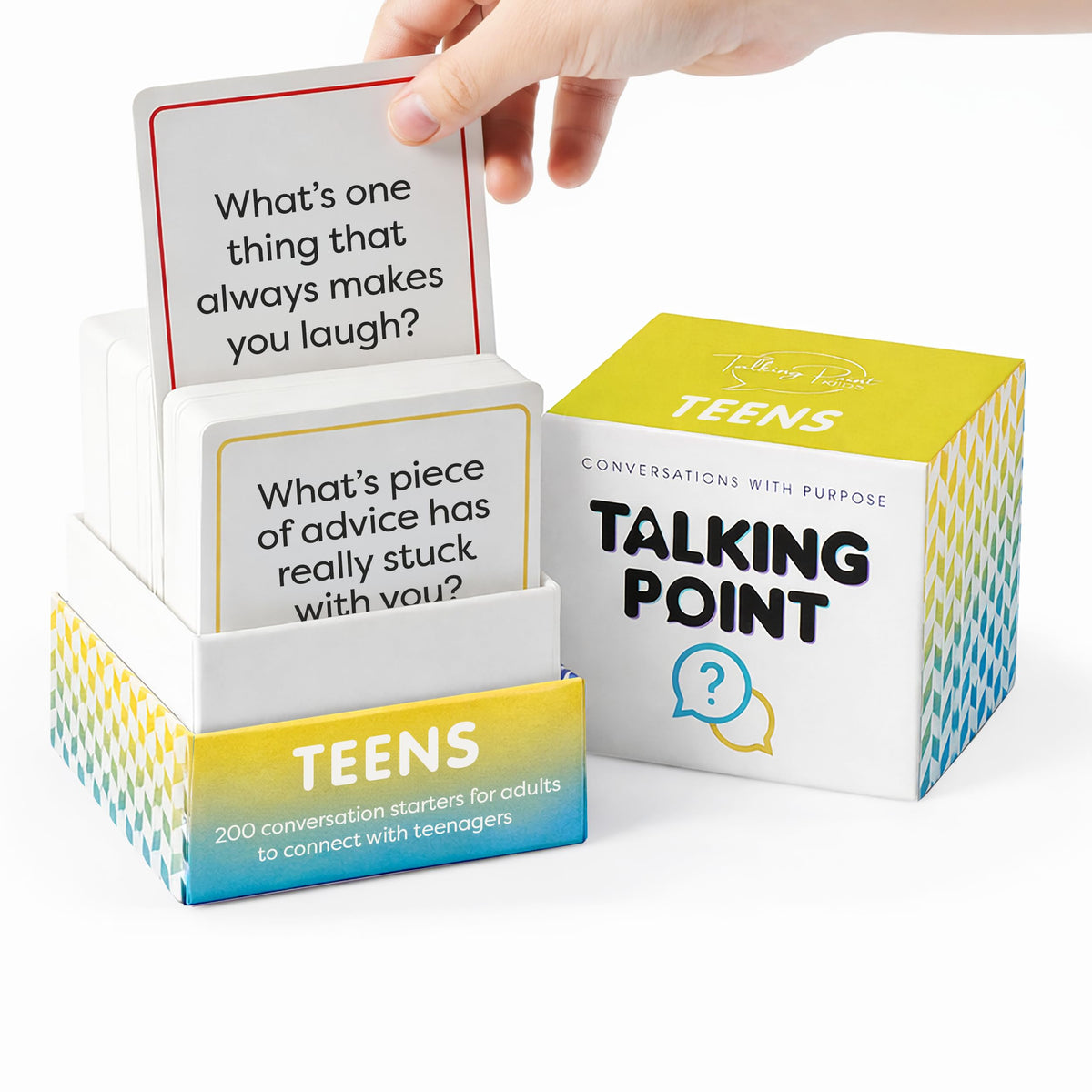 Talking Point Cards Teens Edition deck box, portable storage for family conversations on the go.
