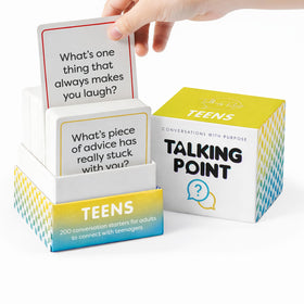 Talking Point Cards Teens Edition deck box, portable storage for family conversations on the go.