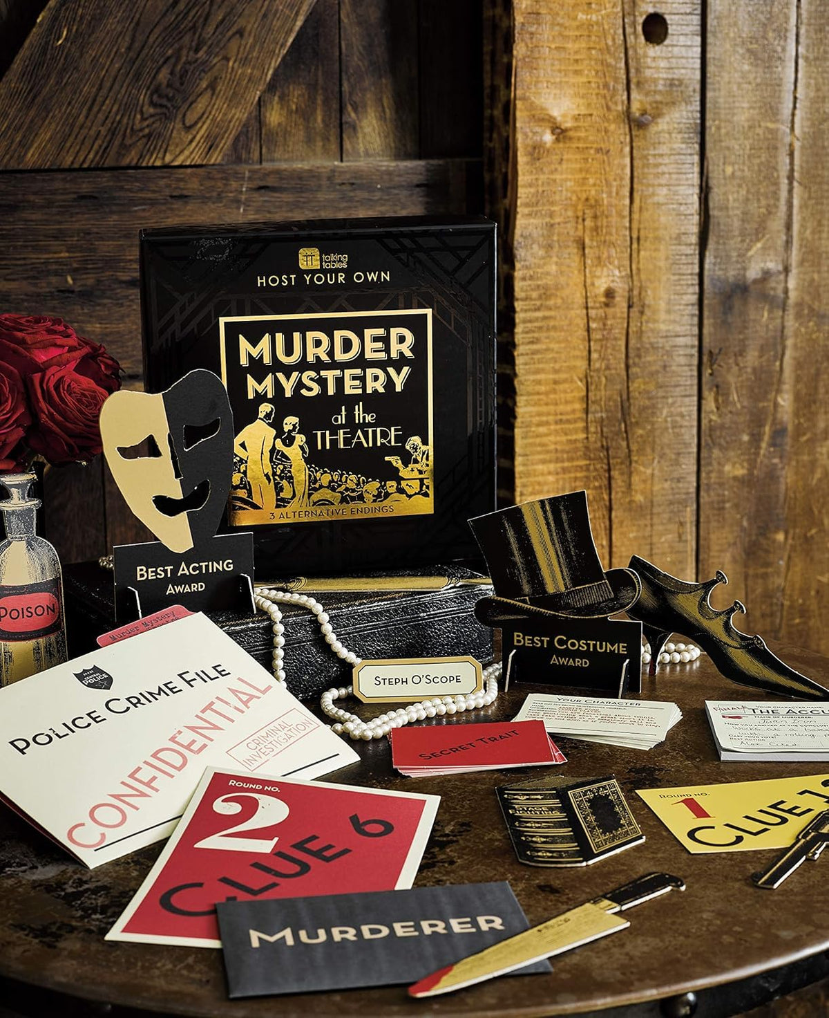 Talking Tables murder weapon props add authentic theatre vibes to clues.