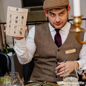 Talking Tables welcome speech card set kicks off your dinner party mystery.