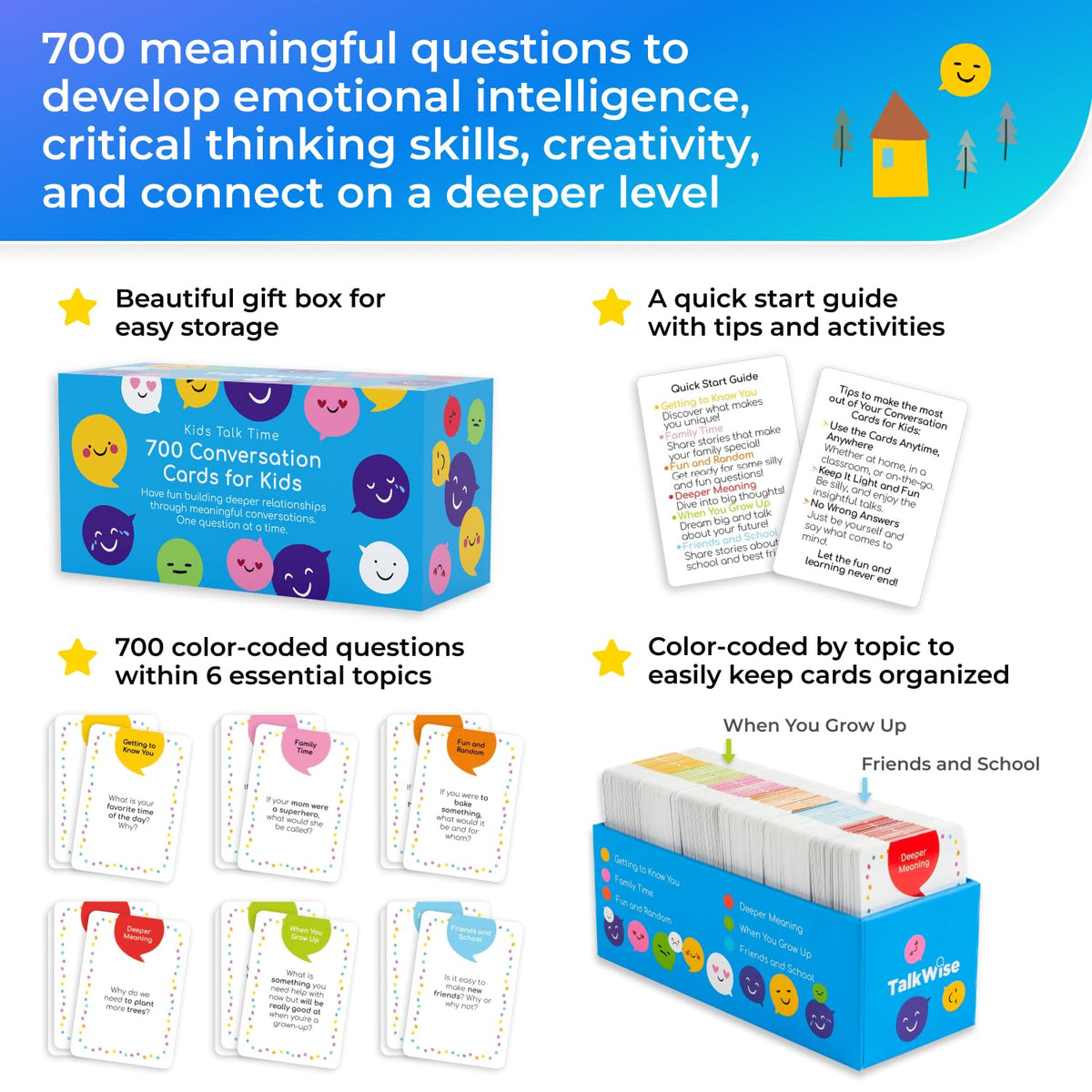 TalkWise 700-conversation-cards-six-topics color-coded helps kids open up.