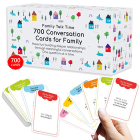 TalkWise 700 family conversation cards box on table for family game night.
