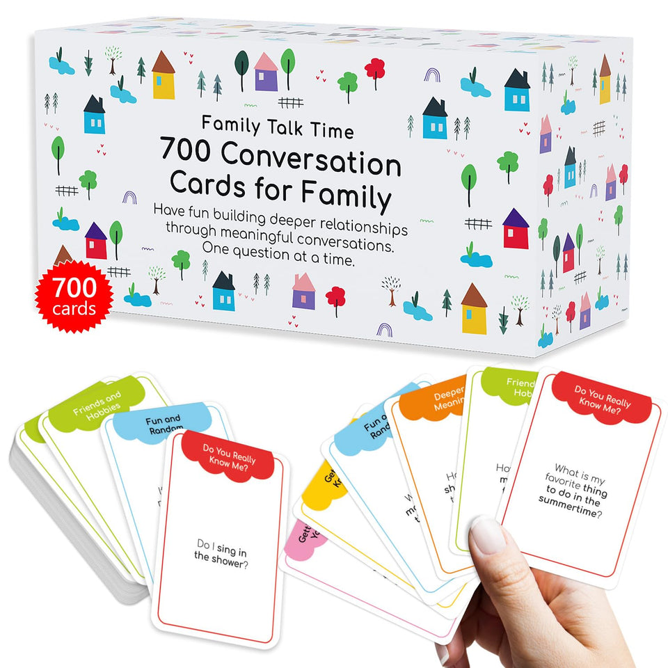 TalkWise 700 family conversation cards box on table for family game night.