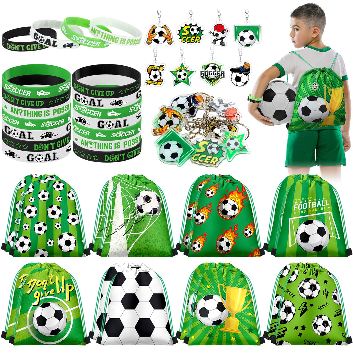 Talltalk soccer drawstring bags green and black patterns, ideal party favors