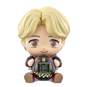 Tamagotchi Nano BTS Hugmy Jimin figure beside the device for display and play