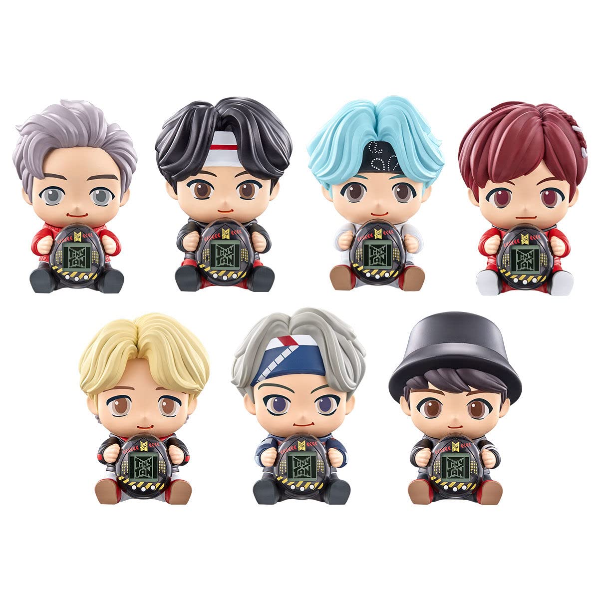 Tamagotchi Nano BTS Hugmy JungKook figure beside the device for display and play