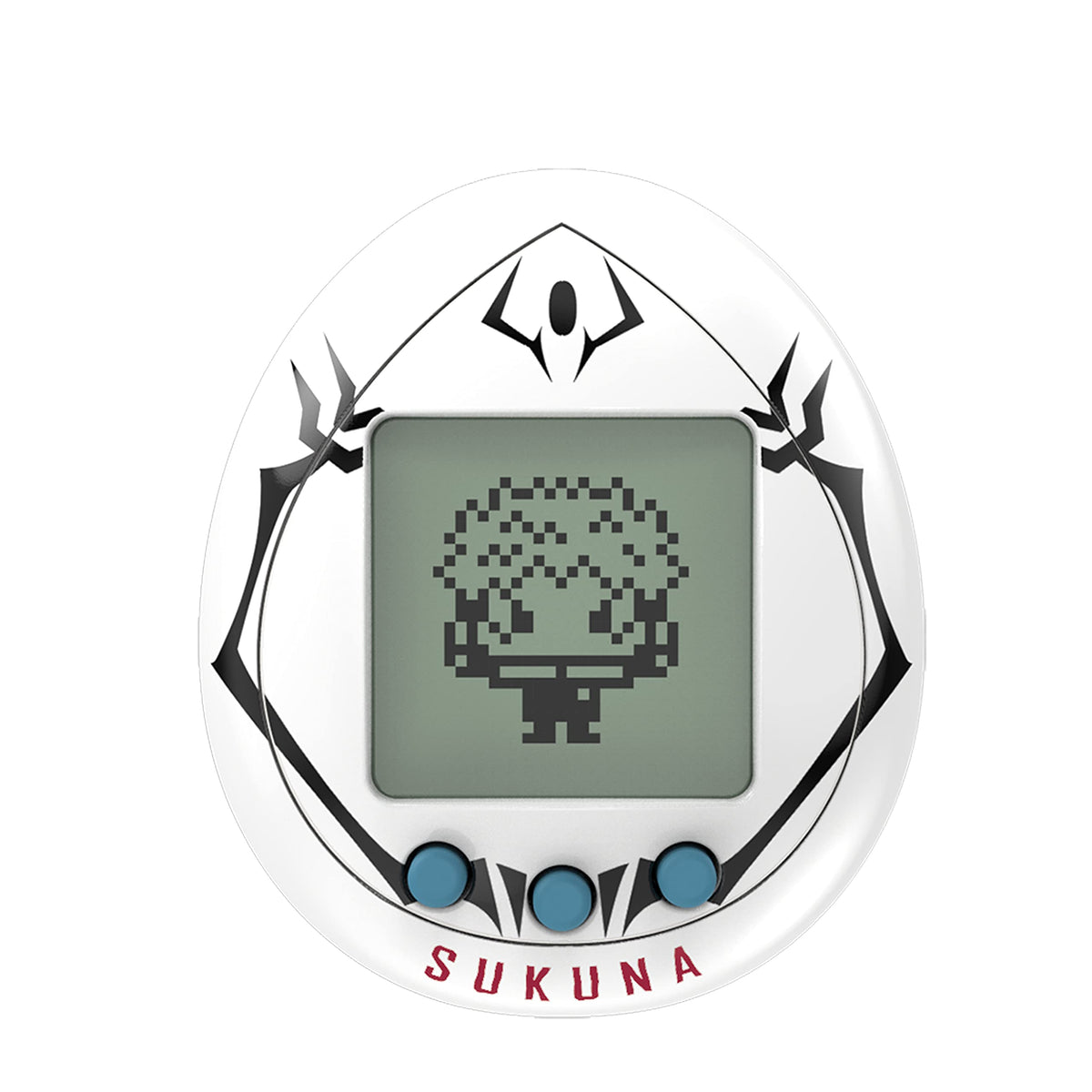 Tamagotchi Nano Sukuna ver. front view with portable chain for on-the-go sorcerer training.