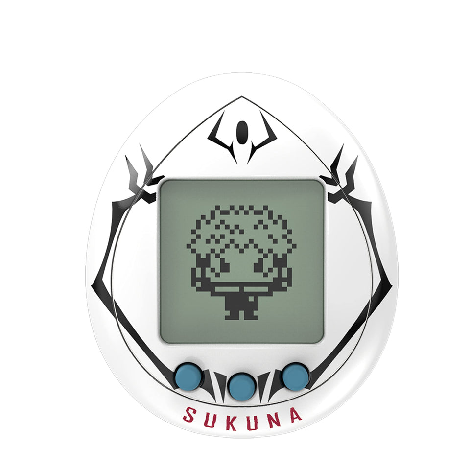 Tamagotchi Nano Sukuna ver. front view with portable chain for on-the-go sorcerer training.