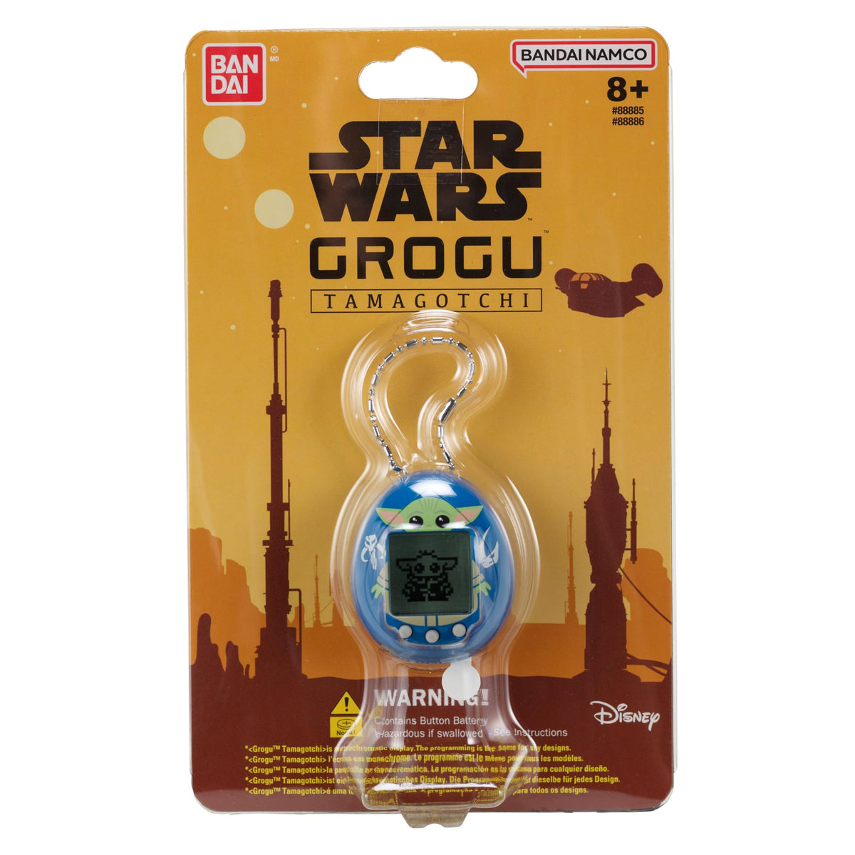 Tamagotchi Nano Grogu Blue feeding scene with Squid Chowder and Macaron
